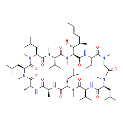 ChemSpider 2D Image | (3S,6S,9S,12R,15S,18S,21S,24S,33S)-30-Ethyl-33-[(1R,2R,4E)-1-hydroxy-2-methyl-4-hexen-1-yl]-6,9,18,24-tetraisobutyl-3,21-diisopropyl-1,4,7,10,12,15,19,25,28-nonamethyl-1,4,7,10,13,16,19,22,25,28,31-un
decaazacyclotritriacontane-2,5,8,11,14,17,20,23,26,29,32-undecone | C62H111N11O12