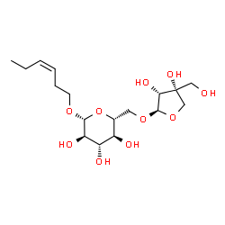 ChemSpider 2D Image | (3Z)-3-Hexen-1-yl 6-O-[(2R,3R,4R)-3,4-dihydroxy-4-(hydroxymethyl)tetrahydro-2-furanyl]-beta-D-glucopyranoside | C17H30O10