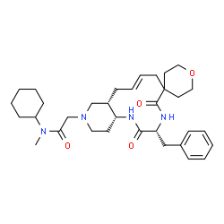 ChemSpider 2D Image | 2-[(3'R,8'E,10a'S,14a'R)-3'-Benzyl-2',5'-dioxo-1',2,2',3,3',4',5,5',6,7',10',10a',11',13',14',14a'-hexadecahydro-12'H-spiro[pyran-4,6'-pyrido[4,3-e][1,4]diazacyclododecin]-12'-yl]-N-cyclohexyl-N-methy
lacetamide | C33H48N4O4