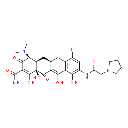 ChemSpider 2D Image | (4S,4aR,5aS,12aR)-4-(dimethylamino)-7-fluoro-1,10,11,12a-tetrahydroxy-3,12-dioxo-9-[(2-pyrrolidin-1-ylacetyl)amino]-4a,5,5a,6-tetrahydro-4H-tetracene-2-carboxamide | C27H31FN4O8