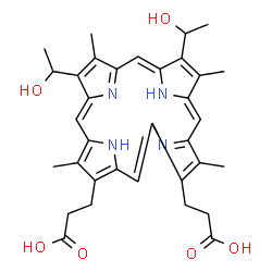 ChemSpider 2D Image | 3,3'-[7,12-Bis(1-hydroxyethyl)-3,8,13,17-tetramethyl-2,18-porphyrindiyl]dipropanoic acid | C34H38N4O6