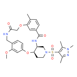 ChemSpider 2D Image | (3R,8S)-22-Methoxy-14-methyl-6-[(1,3,5-trimethyl-1H-pyrazol-4-yl)sulfonyl]-2,16-dioxa-6,9,19-triazatetracyclo[19.2.2.1~11,15~.0~3,8~]hexacosa-1(23),11(26),12,14,21,24-hexaene-10,18-dione | C29H35N5O7S
