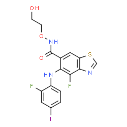 ChemSpider 2D Image | 4-Fluoro-5-[(2-fluoro-4-iodophenyl)amino]-N-(2-hydroxyethoxy)-1,3-benzothiazole-6-carboxamide | C16H12F2IN3O3S