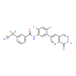 ChemSpider 2D Image | 3-(2-Cyano-2-propanyl)-N-[2-fluoro-4-methyl-5-(7-methyl-8-oxo-7,8-dihydropyrido[2,3-d]pyridazin-3-yl)phenyl]benzamide | C26H22FN5O2