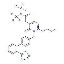 ChemSpider 2D Image | 2-(2-Butyl-4-methyl-6-oxo-1-{[2'-(1H-tetrazol-5-yl)-4-biphenylyl]methyl}-1,6-dihydro-5-pyrimidinyl)-N,N-bis[(~2~H_3_)methyl]ethanethioamide | C27H25D6N7OS