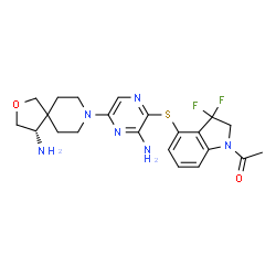 ChemSpider 2D Image | 1-[4-({3-Amino-5-[(4S)-4-amino-2-oxa-8-azaspiro[4.5]dec-8-yl]-2-pyrazinyl}sulfanyl)-3,3-difluoro-2,3-dihydro-1H-indol-1-yl]ethanone | C22H26F2N6O2S