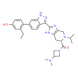 ChemSpider 2D Image | [3-(Dimethylamino)-1-azetidinyl]{(6S)-2-[6-(2-ethyl-4-hydroxyphenyl)-1H-indazol-3-yl]-5-isopropyl-4,5,6,7-tetrahydro-1H-imidazo[4,5-c]pyridin-6-yl}methanone | C30H37N7O2