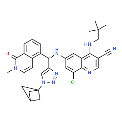 ChemSpider 2D Image | 6-{[(S)-[1-(Bicyclo[1.1.1]pent-1-yl)-1H-1,2,3-triazol-4-yl](2-methyl-1-oxo-1,2-dihydro-5-isoquinolinyl)methyl]amino}-8-chloro-4-[(2,2-dimethylpropyl)amino]-3-quinolinecarbonitrile | C33H33ClN8O