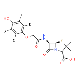 ChemSpider 2D Image | (2S,5R,6R)-6-[({[4-Hydroxy(~2~H_4_)phenyl]oxy}acetyl)amino]-3,3-dimethyl-7-oxo-4-thia-1-azabicyclo[3.2.0]heptane-2-carboxylic acid | C16H14D4N2O6S