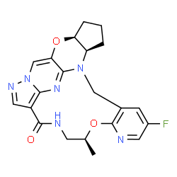 ChemSpider 2D Image | (3S,7R,17S)-12-Fluoro-17-methyl-2,16-dioxa-8,14,19,23,24,26-hexaazahexacyclo[22.3.1.0~3,7~.0~8,27~.0~10,15~.0~21,25~]octacosa-1(28),10,12,14,21(25),22,26-heptaen-20-one | C21H21FN6O3
