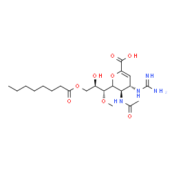 ChemSpider 2D Image | 5-Acetamido-2,6-anhydro-4-carbamimidamido-3,4,5-trideoxy-6-[(1R,2R)-2-hydroxy-1-methoxy-3-(octanoyloxy)propyl]-L-threo-hex-2-enonic acid | C21H36N4O8