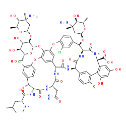 ChemSpider 2D Image | (1S,2R,18R,19R,22S,25R,28R)-22-(2-Amino-2-oxoethyl)-48-{[2-O-(3-amino-2,3,6-trideoxy-3-methyl-alpha-L-arabino-hexopyranosyl)-beta-D-glucopyranosyl]oxy}-2-[(3-amino-2,3,6-trideoxy-3-methyl-alpha-L-arab
ino-hexopyranosyl)oxy]-5,15-dichloro-18,32,35,37-tetrahydroxy-19-[(N-methyl-D-leucyl)amino]-20,23,26,42,44-pentaoxo-7,13-dioxa-21,24,27,41,43-pentaazaoctacyclo[26.14.2.2~3,6~.2~14,17~.1~8,12~.1~29,33~
.0~10,25~.0~34,39~]pentaconta-3,5,8(48),9,11,14,16,29(45),30,32,34,36,38,46,49-pentadecaene-40-carboxylic acid | C73H88Cl2N10O26