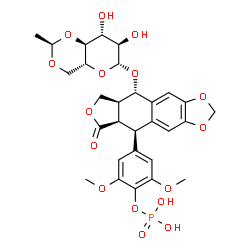 ChemSpider 2D Image | 4-[(5R,5aR,8aS,9S)-9-({4,6-O-[(1R)-Ethylidene]-beta-D-glucopyranosyl}oxy)-6-oxo-5,5a,6,8,8a,9-hexahydrofuro[3',4':6,7]naphtho[2,3-d][1,3]dioxol-5-yl]-2,6-dimethoxyphenyl dihydrogen phosphate | C29H33O16P