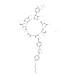 ChemSpider 2D Image | Sodium 5-[(1S,2S)-2-{(2R,9S,11R,12R,14aS,15R,16S,23S,25aS)-20-[(1R)-3-amino-1-hydroxy-3-oxopropyl]-2,11,12,15-tetrahydroxy-6-[(1R)-1-hydroxyethyl]-16-methyl-5,8,14,19,22,25-hexaoxo-9-[(4-{5-[4-(pentyl
oxy)phenyl]-1,2-oxazol-3-yl}benzoyl)amino]tetracosahydro-1H-dipyrrolo[2,1-c:2',1'-l][1,4,7,10,13,16]hexaazacyclohenicosin-23-yl}-1,2-dihydroxyethyl]-2-hydroxyphenyl sulfate | C56H70N9NaO23S