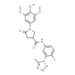 ChemSpider 2D Image | N-[4-Fluoro-3-(5-methyl-1H-tetrazol-1-yl)phenyl]-5-oxo-1-(3,4,5-trimethoxyphenyl)-3-pyrrolidinecarboxamide | C22H23FN6O5