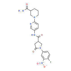 ChemSpider 2D Image | 1-[5-({[1-(4-Fluoro-3-nitrophenyl)-5-oxo-3-pyrrolidinyl]carbonyl}amino)-2-pyridinyl]-3-piperidinecarboxamide | C22H23FN6O5