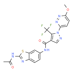 ChemSpider 2D Image | N-(2-Acetamido-1,3-benzothiazol-6-yl)-1-(6-methoxy-3-pyridazinyl)-5-(trifluoromethyl)-1H-pyrazole-4-carboxamide | C19H14F3N7O3S