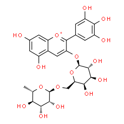 ChemSpider 2D Image | 5,7-Dihydroxy-2-(3,4,5-trihydroxyphenyl)-3-chromeniumyl 6-O-(6-deoxy-alpha-L-mannopyranosyl)-beta-D-galactopyranoside | C27H31O16