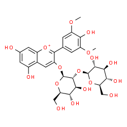 ChemSpider 2D Image | 5,7-Dihydroxy-2-(4-hydroxy-3,5-dimethoxyphenyl)-3-chromeniumyl 2-O-beta-D-glucopyranosyl-beta-D-glucopyranoside | C29H35O17