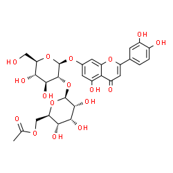ChemSpider 2D Image | 2-(3,4-Dihydroxyphenyl)-5-hydroxy-4-oxo-4H-chromen-7-yl 2-O-(6-O-acetyl-beta-D-allopyranosyl)-beta-D-glucopyranoside | C29H32O17