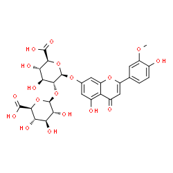 ChemSpider 2D Image | 5-Hydroxy-2-(4-hydroxy-3-methoxyphenyl)-4-oxo-4H-chromen-7-yl 2-O-beta-D-glucopyranuronosyl-beta-D-glucopyranosiduronic acid | C28H28O18
