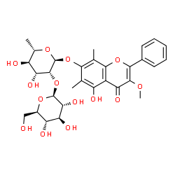 ChemSpider 2D Image | 5-Hydroxy-3-methoxy-6,8-dimethyl-4-oxo-2-phenyl-4H-chromen-7-yl 6-deoxy-2-O-beta-D-glucopyranosyl-alpha-L-mannopyranoside | C30H36O14