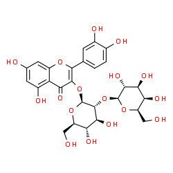 ChemSpider 2D Image | 2-(3,4-Dihydroxyphenyl)-5,7-dihydroxy-4-oxo-4H-chromen-3-yl 2-O-beta-D-galactopyranosyl-beta-D-glucopyranoside | C27H30O17