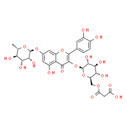 ChemSpider 2D Image | 7-[(6-Deoxy-alpha-L-mannopyranosyl)oxy]-2-(3,4-dihydroxyphenyl)-5-hydroxy-4-oxo-4H-chromen-3-yl 6-O-(carboxyacetyl)-beta-D-glucopyranoside | C30H32O19