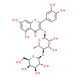 ChemSpider 2D Image | 2-(3,4-Dihydroxyphenyl)-5,7-dihydroxy-4-oxo-4H-chromen-3-yl 6-deoxy-4-O-beta-D-galactopyranosyl-alpha-L-mannopyranoside | C27H30O16