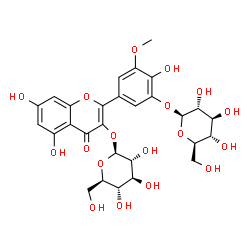 ChemSpider 2D Image | 5-[3-(beta-D-Glucopyranosyloxy)-5,7-dihydroxy-4-oxo-4H-chromen-2-yl]-2-hydroxy-3-methoxyphenyl beta-D-glucopyranoside | C28H32O18