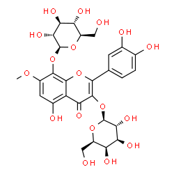 ChemSpider 2D Image | 2-(3,4-Dihydroxyphenyl)-8-(beta-D-glucopyranosyloxy)-5-hydroxy-7-methoxy-4-oxo-4H-chromen-3-yl beta-D-galactopyranoside | C28H32O18