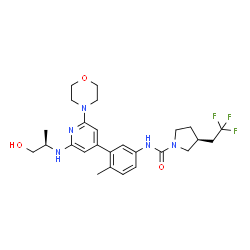 ChemSpider 2D Image | (3S)-N-{3-[2-{[(2R)-1-Hydroxy-2-propanyl]amino}-6-(4-morpholinyl)-4-pyridinyl]-4-methylphenyl}-3-(2,2,2-trifluoroethyl)-1-pyrrolidinecarboxamide | C26H34F3N5O3