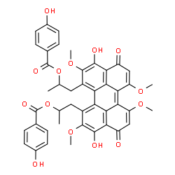 ChemSpider 2D Image | (3,10-Dihydroxy-2,6,7,11-tetramethoxy-4,9-dioxo-4,9-dihydroperylene-1,12-diyl)di-1,2-propanediyl bis(4-hydroxybenzoate) | C44H38O14