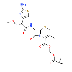 ChemSpider 2D Image | [(2,2-Dimethylpropanoyl)oxy]methyl 7-{[(2E)-2-(2-amino-1,3-thiazol-4-yl)-2-(methoxyimino)acetyl]amino}-3-methyl-8-oxo-5-thia-1-azabicyclo[4.2.0]oct-2-ene-2-carboxylate | C20H25N5O7S2