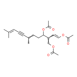 ChemSpider 2D Image | (1E,3E,6E)-3-(Acetoxymethylene)-7,11-dimethyl-1,6,10-dodecatrien-8-yne-1,4-diyl diacetate | C21H26O6