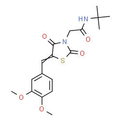 ChemSpider 2D Image | 2-[5-(3,4-Dimethoxybenzylidene)-2,4-dioxo-1,3-thiazolidin-3-yl]-N-(2-methyl-2-propanyl)acetamide | C18H22N2O5S