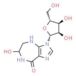 ChemSpider 2D Image | 6-Hydroxy-3-(beta-D-ribofuranosyl)-4,5,6,7-tetrahydroimidazo[4,5-e][1,4]diazepin-8(3H)-one | C11H16N4O6