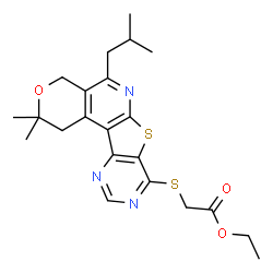 ChemSpider 2D Image | Ethyl [(5-isobutyl-2,2-dimethyl-1,4-dihydro-2H-pyrano[4'',3'':4',5']pyrido[3',2':4,5]thieno[3,2-d]pyrimidin-8-yl)sulfanyl]acetate | C22H27N3O3S2