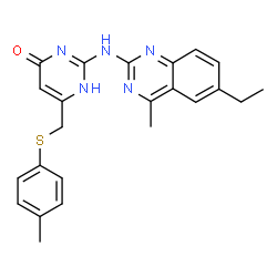 ChemSpider 2D Image | 2-[(6-Ethyl-4-methyl-2-quinazolinyl)amino]-6-{[(4-methylphenyl)sulfanyl]methyl}-4(1H)-pyrimidinone | C23H23N5OS