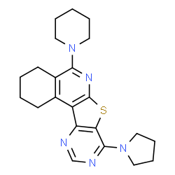 ChemSpider 2D Image | 5-(1-Piperidinyl)-8-(1-pyrrolidinyl)-1,2,3,4-tetrahydropyrimido[4',5':4,5]thieno[2,3-c]isoquinoline | C22H27N5S