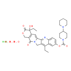 ChemSpider 2D Image | 4,11-Diethyl-4-hydroxy-3,14-dioxo-3,4,12,14-tetrahydro-1H-pyrano[3',4':6,7]indolizino[1,2-b]quinolin-9-yl 1,4'-bipiperidine-1'-carboxylate hydrochloride trihydrate | C33H45ClN4O9