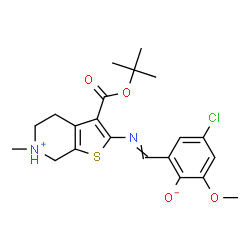 ChemSpider 2D Image | 4-Chloro-2-methoxy-6-{[(6-methyl-3-{[(2-methyl-2-propanyl)oxy]carbonyl}-4,5,6,7-tetrahydrothieno[2,3-c]pyridin-6-ium-2-yl)imino]methyl}phenolate | C21H25ClN2O4S