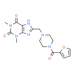 ChemSpider 2D Image | 8-{[4-(2-Furoyl)-1-piperazinyl]methyl}-1,3-dimethyl-3,7-dihydro-1H-purine-2,6-dione | C17H20N6O4