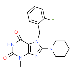 ChemSpider 2D Image | 7-(2-Fluorobenzyl)-3-methyl-8-(1-piperidinyl)-3,7-dihydro-1H-purine-2,6-dione | C18H20FN5O2