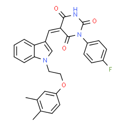 ChemSpider 2D Image | (5Z)-5-({1-[2-(3,4-Dimethylphenoxy)ethyl]-1H-indol-3-yl}methylene)-1-(4-fluorophenyl)-2,4,6(1H,3H,5H)-pyrimidinetrione | C29H24FN3O4