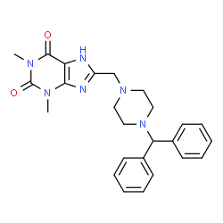 ChemSpider 2D Image | 8-{[4-(Diphenylmethyl)-1-piperazinyl]methyl}-1,3-dimethyl-3,7-dihydro-1H-purine-2,6-dione | C25H28N6O2