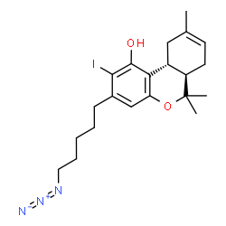 ChemSpider 2D Image | (6aR,10aR)-3-(5-Azidopentyl)-2-iodo-6,6,9-trimethyl-6a,7,10,10a-tetrahydro-6H-benzo[c]chromen-1-ol | C21H28IN3O2