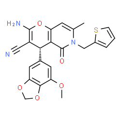 ChemSpider 2D Image | (4R)-2-Amino-4-(7-methoxy-1,3-benzodioxol-5-yl)-7-methyl-5-oxo-6-(2-thienylmethyl)-5,6-dihydro-4H-pyrano[3,2-c]pyridine-3-carbonitrile | C23H19N3O5S