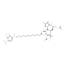 ChemSpider 2D Image | (1aR,1bS,4aR,7aS,7bS,8R,9R,9aS)-9a-Acetoxy-3-(acetoxymethyl)-4a,7b-dihydroxy-1,1,6,8-tetramethyl-5-oxo-1a,1b,4,4a,5,7a,7b,8,9,9a-decahydro-1H-cyclopropa[3,4]benzo[1,2-e]azulen-9-yl 12-[methyl(7-nitro-
2,1,3-benzoxadiazol-4-yl)amino]dodecanoate | C43H58N4O12