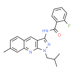 ChemSpider 2D Image | 2-Fluoro-N-(1-isobutyl-7-methyl-1H-pyrazolo[3,4-b]quinolin-3-yl)benzamide | C22H21FN4O